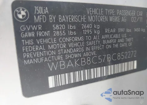 2011 BMW 750Li z USA, uszkodzony, nr VIN WBAKB8C57BC852272